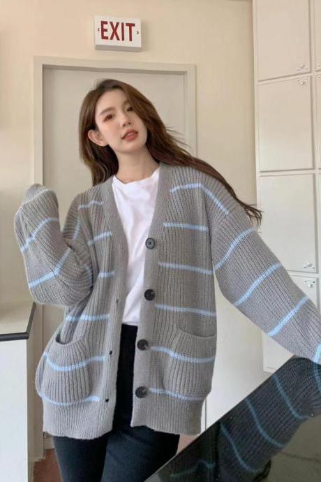 Korean Fashion V-neck Cardigan Striped Patchwork Knitted Sweater Coat Women Autumn Winter Long Sleeve Single Breasted Tops