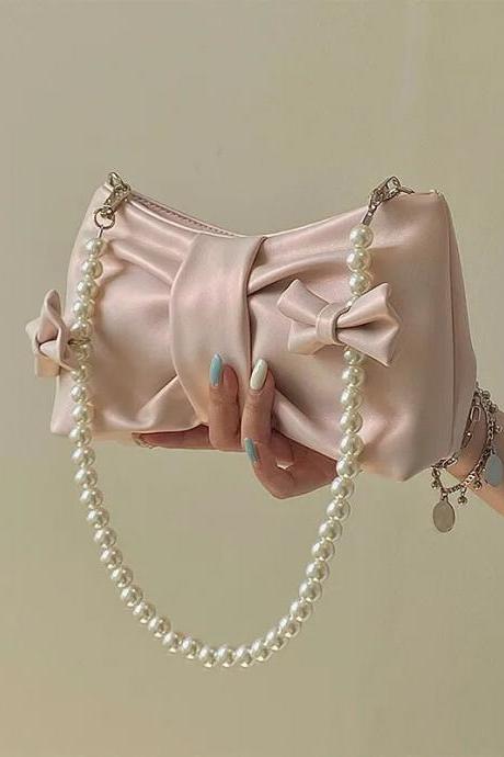 Y2k Korean Women Kawaii Pearl Pink Bow Mini Hand Bag Vintage Aesthetic Elegant Clutch Purses Handbag Shoulder Underarm Tote Bags