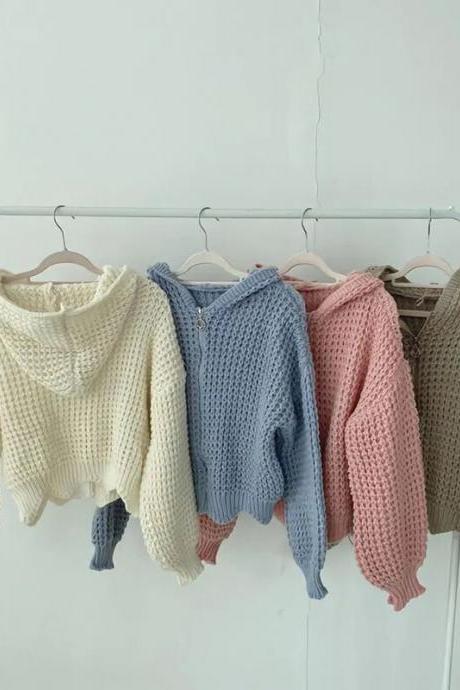 Korean Chic Short Hooded Cardigans Women Autumn Winter Hollow Out Zipper Knitted Sweater Coat Casual Loose Knitwear Tops