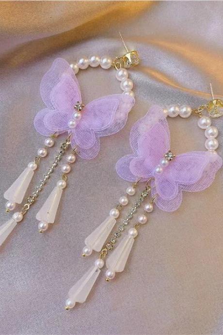 Korean Fashion Sweet Pendant Earrings For Women Butterfly Pearl Long Tassel Earrings Birthday Party Jewelry Gift