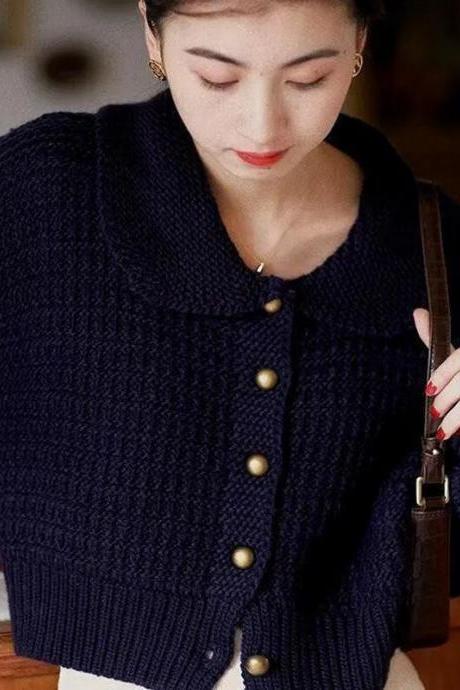 Autumn Orange Crop Top Sweater Peter Pan Collar Button Up Baggy Korean Fashion Knit Cardigan Sweater Coat Fall Winter Women