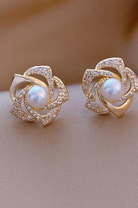 Korean Exquisite Pearl Flower Stud Earrings For Women Full Rhinestone Flower Earrings Girls Wedding Party Fashion Jewelry Gifts