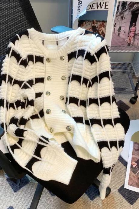 Striped Knitted Cardigan Sweater Korean Style Women's Autumn Puff Sleeves Chic Tassels Double Breasted Warm Top