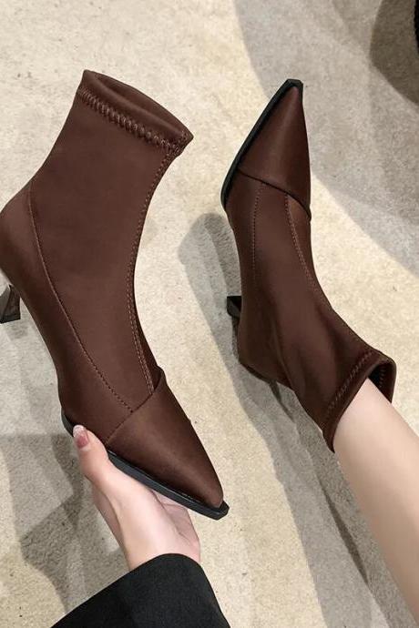 Satin Pointed Toe Short Boots Women Thin Heel Stretch Sock Boots Elegant Ladies Fashion High Heels Pumps Female Ankle Boots