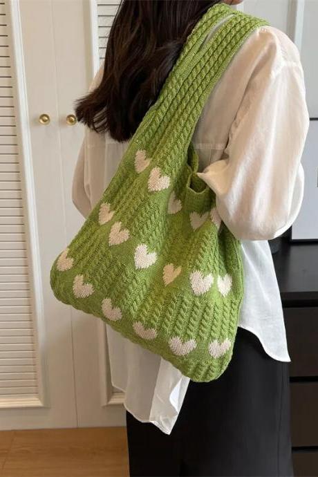 Heart Knitting Women&amp;amp;#039;s Bag Trend Knit Eco Bag Korean Shopping Y2k Crochet Rope Shoulder Bag Female Knitted Handbag Tote Bag