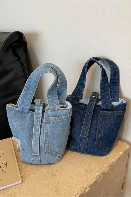 Korean Style Women Small Luxury Designer Denim Bucket Purse Tote Bag Ladies Mini Vintage Jeans Handbag