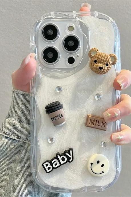 Korean Cute Cartoon 3d Coffee Bear Phone Case For Iphone 15 14 11 13 12 Pro Max X Xr Xs Max 15 14 Plus Shockproof Bumper Cover