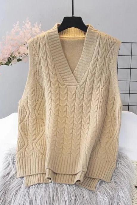 High Quality Women's Korean Pullover Hemp Rope Loose Sweater Sleeveless Knit Vest Tops V-neck Preppy Waistcoat