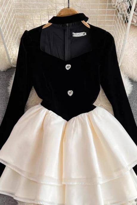 Autumn Ocialite Style Dress, Long-sleeved Halter-neck Square Collar Dress, A-line Velvet Patchwork Cake Pompadour Dress