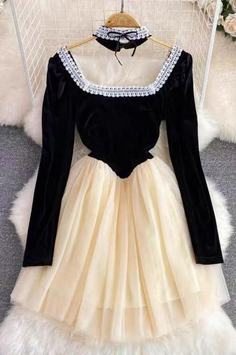 Autumn , Fairy Princess Dress, Temperament Square Collar Dress, Velvet Long Sleeve Mesh Cute Dress