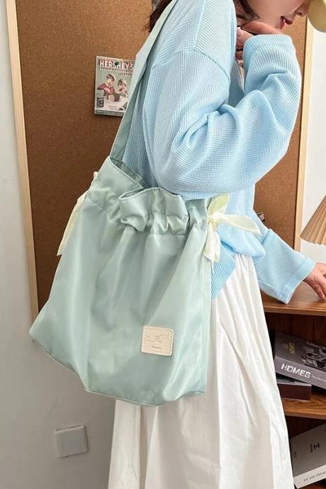 Handbag For Women Cute Drawstring Bow Tie Shoulder Bag Large Capacity Nylon Girl Shopping Tote Bag Harajuku Korean Style Bag