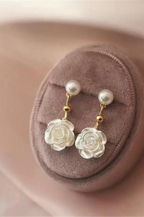 Camellia Pearl Delicate Earrings Vintage Gentle Ladies Unique Design Accessories Gifts For Girlfriend Sister Jewelry Trendy