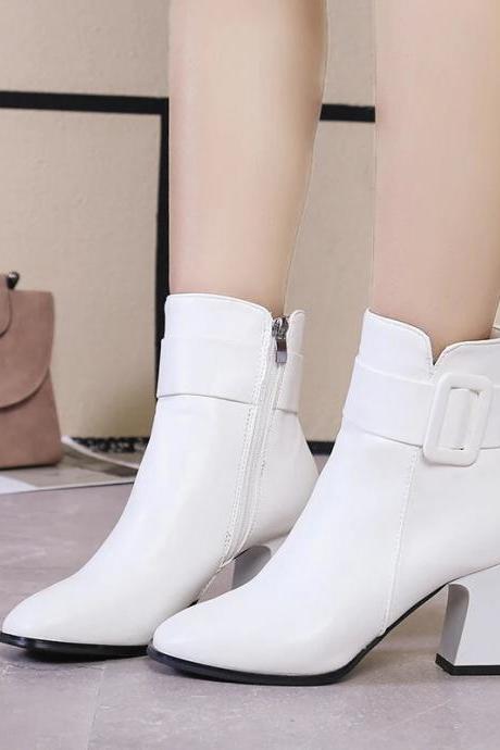White Black Thick High Heel Ankle Boots Women Pointed Toe Keep Warm Elegant Short Booties Ladies Ankle Buckle Decoration