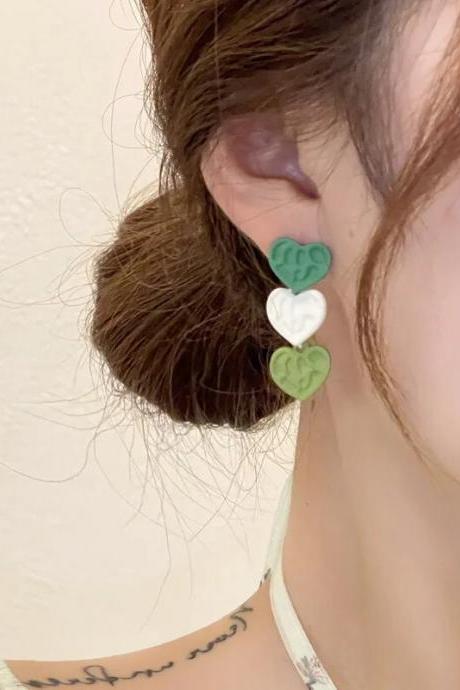 Korean Style Metal Macaron Three Heart Long Pendant Earrings Lovely Peach Green Color Ear Jewelry For Women Wedding Girls Gift