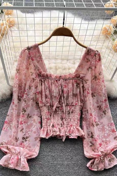 Square Collar Puffy Sleeve Top, Pleated Chiffon Floral Square Collar Shirt Top