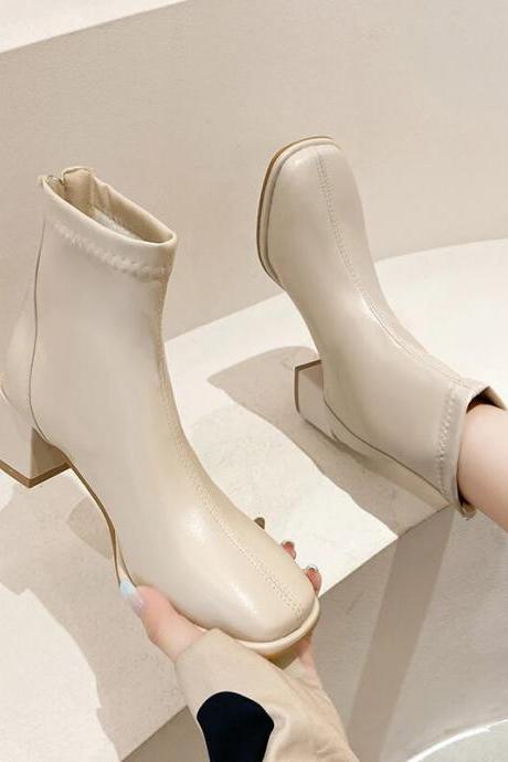 French Thin Square Toe Thick Heel Single Boots Women Leather Boots Mid-high Heel Beige Boots Women Short Boots