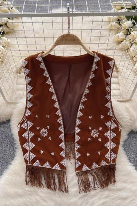 Bohemian Style Vest Cardigan, Ethnic, Embroidery Top, Fringe, Design Sense, Brown Tank Tops