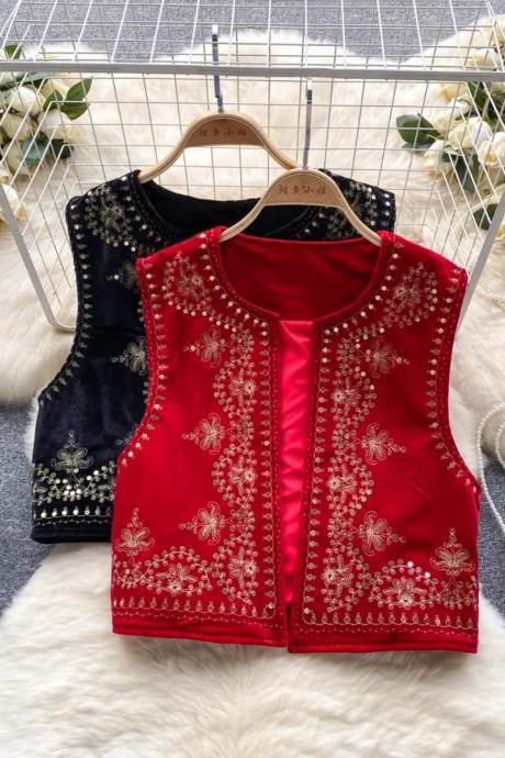 Retro, Ethnic Style, Heavy Sequin Embroidery Vest, Fashion Short Waistcoat