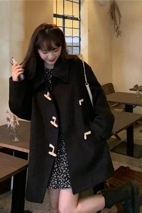 Autumn Winter Women Coat Woolen Jacket Loose Asymmetrical Horn Button Fashion Korean Style Casual Female Winter Clothing