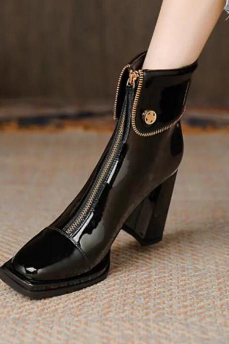 Hot Sale Ankle Women's Boots High Quality Modern Boots Women Solid Square Toe Zip Heeled Shoes