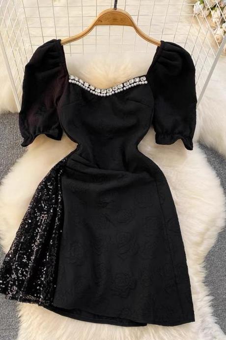 Advanced Sense, Bubble Short Sleeve Dress, Diamond Set, Square Collar Party Dress, Sequin Mosaic A-line Jacquard Dress,little Black Dress