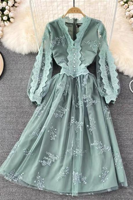 Light Luxury Dress, V-neck Lace Dress, Lantern Long Sleeve Waist Tulle Dress, Swing A Line Dress, Elegant Temperament Swing Long Dress
