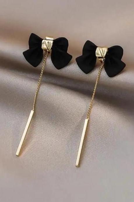 Punk Girls&amp;#039; Earrings Korean Version Fashion Style Temperament High Grade Long Style Tassel Black Bow Tie Simple Earrings