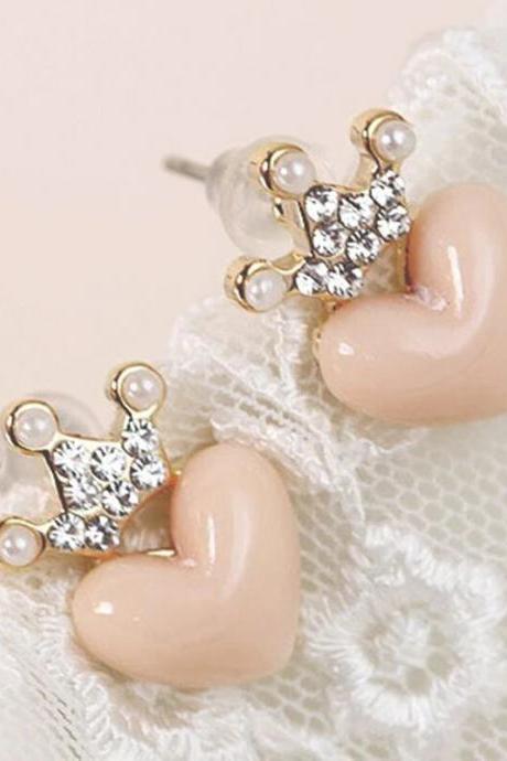 Korea Elegant Crystal Crown Pink Heart Stud Earrings For Women Popular Style Wedding Jewelry Accessory Brincos Wholesale Gift