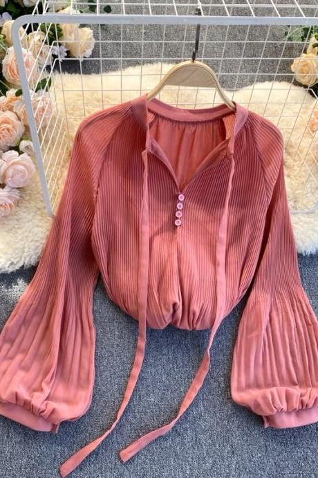 Chiffon Long-sleeve Blouse, Heavy Pressed, Lantern Sleeve Shirt , Loose Candy-colored Blouse
