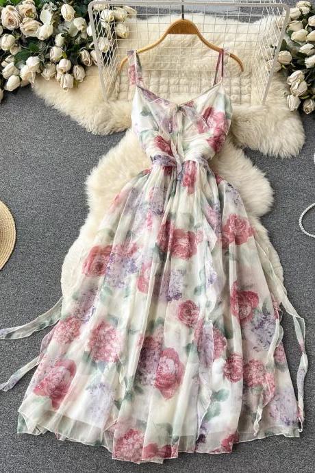 Fairy, Gauze Lace Fairy Dress, Waist Cut Floral Dress, Wooden Ear Strap V-neck Dress