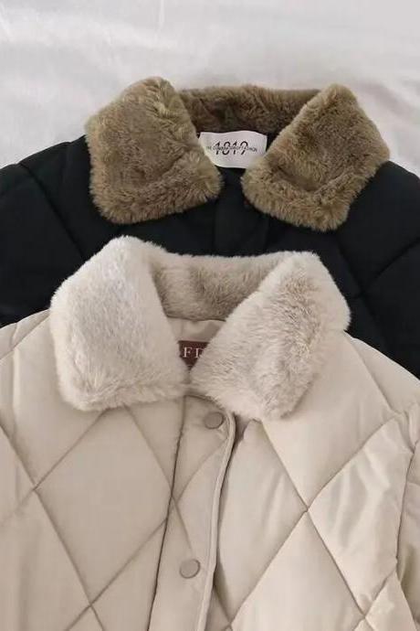 Korean Style Fur Collar Bread Service Woman Casual Thick Warm Button Parkas Jacket Women Short Loose Down Cotton Padded Coats