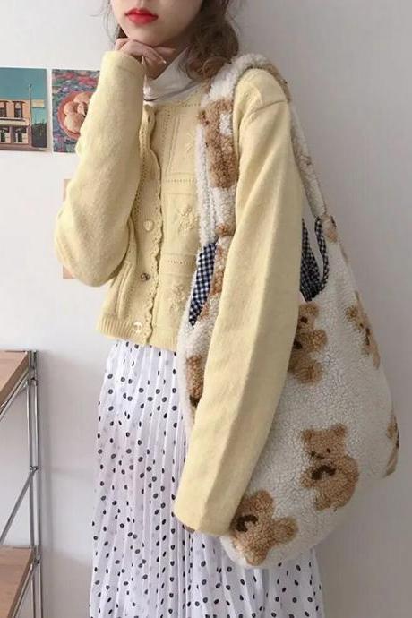 Cute Warm Plush Bear Cloth Fabric Ins Style Women Shoulder Bag Book Bag Shopping Bag Korean Style Handbag