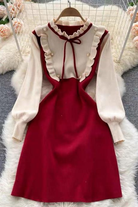 Long sleeve dresses, new , color contrast, temperament ruffled knit dress
