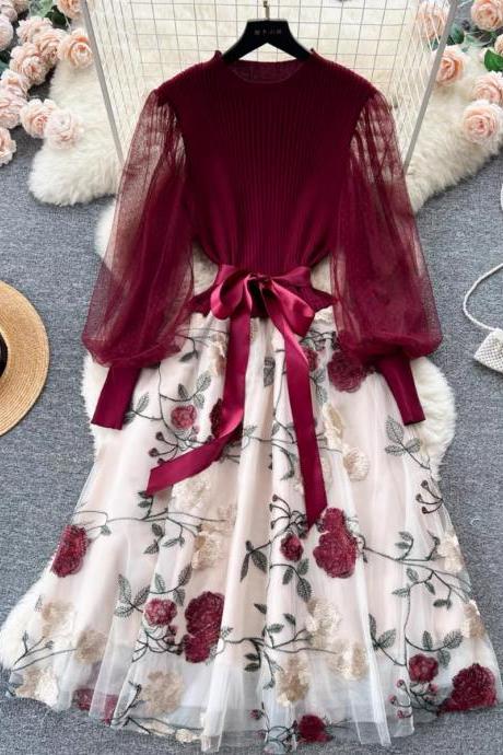 Luxury ，knitted Stitching Embroidery Dress, Tie Waist Slimming Temperament Fairy Dress