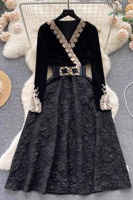 Vintage Velvet Dress, Lace Patchwork Jacquard Little Black Dress