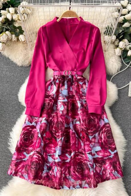 Long Sleeve Floral Midi Dress With Belt
