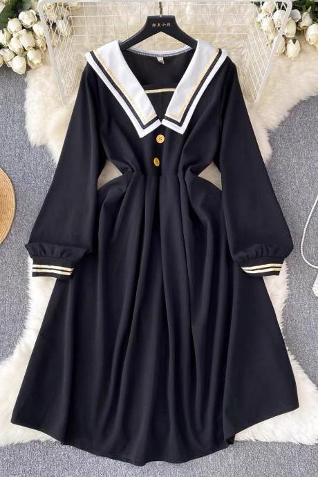 Preppy, Big Lapels, Slim Mid-length Dress, Little Black Dress,cute Dress