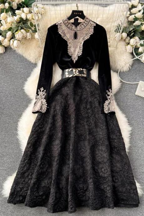 Vintage Velvet Dress, Heheavy Industry Lace Patchwork Jacquard Dress， Little Black Dress