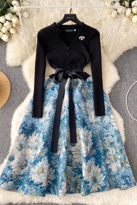 Vintage, Court Style Knitted Patchwork Jacquard Dress, Matching Temperament Dress, Elegant Long Dress