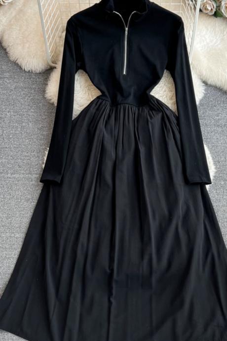 Long Sleeves Black Dress, Half High Neck Zip-up Waist Dress, A-line Swing Dress Elegant Long Dress