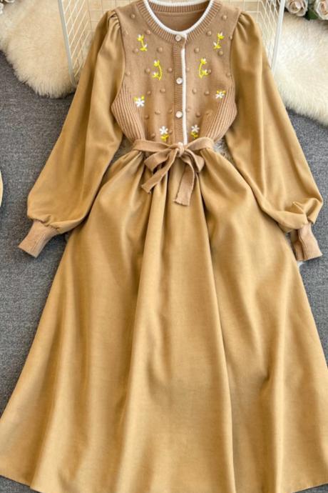 Long Sleeve Chic Dress, Round Neck Embroidery Knitted Dress, Round Neck Waist Mid-length Dress, A-line Corduroy Dress