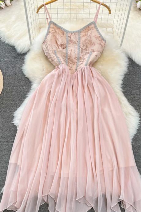 Sweet Spagheti Strap Dress, Gentle Dress, Temperament Long Dress, A Line Swing Dress,pink Cute Dress