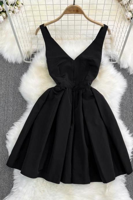 Advanced Sense , Little Black Dress, Sexy Deep V-neck Halter Waist Slimming A-line Pompon Dress