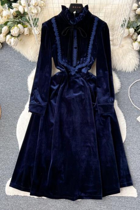 Velvet Dresses, Vintage Dresses,lace Patchwork Long-sleeve Dresses