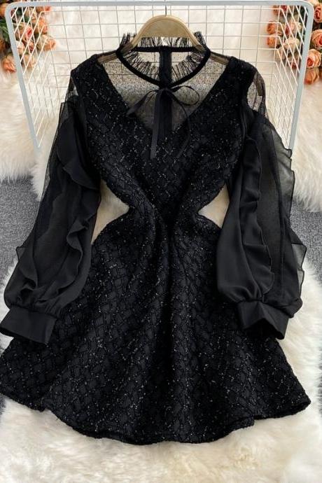 Peplum Stand Collar Dress, Sexy Slim A-line Little Black Dress