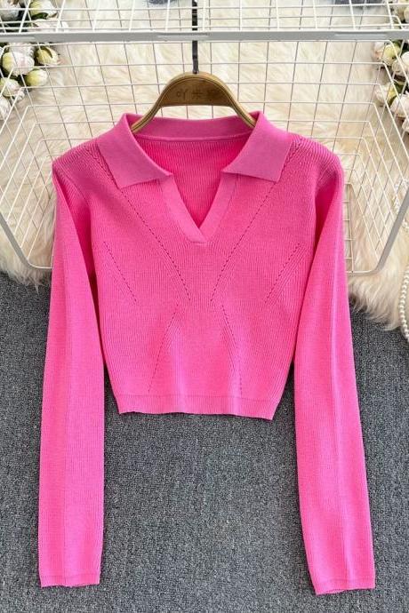 Vintage Polo Neck High-waisted Short Top, Slim Solid Color Long-sleeved Sweater