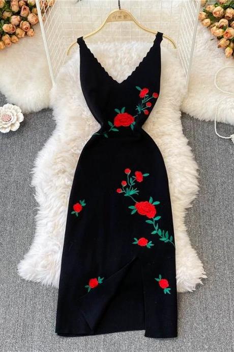 Vintage, Rose Embroidery Black Dress, Knitted Halter Split Dress