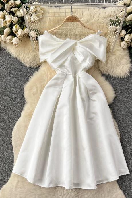 White Bow Strapless Dress, Satin Party Dress Simple Graduation Dress