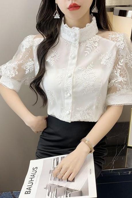Embroidered Jacquard Chiffon Shirt, Loose, Elegant, Stand-up Collar, Puff Sleeves Fashionable Top