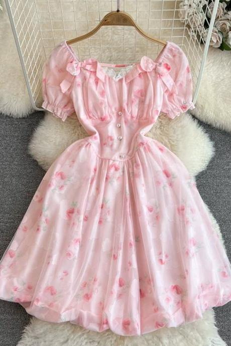 Sweet, Puffy Short-sleeved Square Neckline, Waist Slimming A-line Print, Cute Puffy Princess Dress